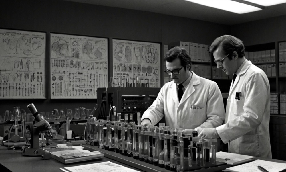 naukowcy w laboratorium lata 1970